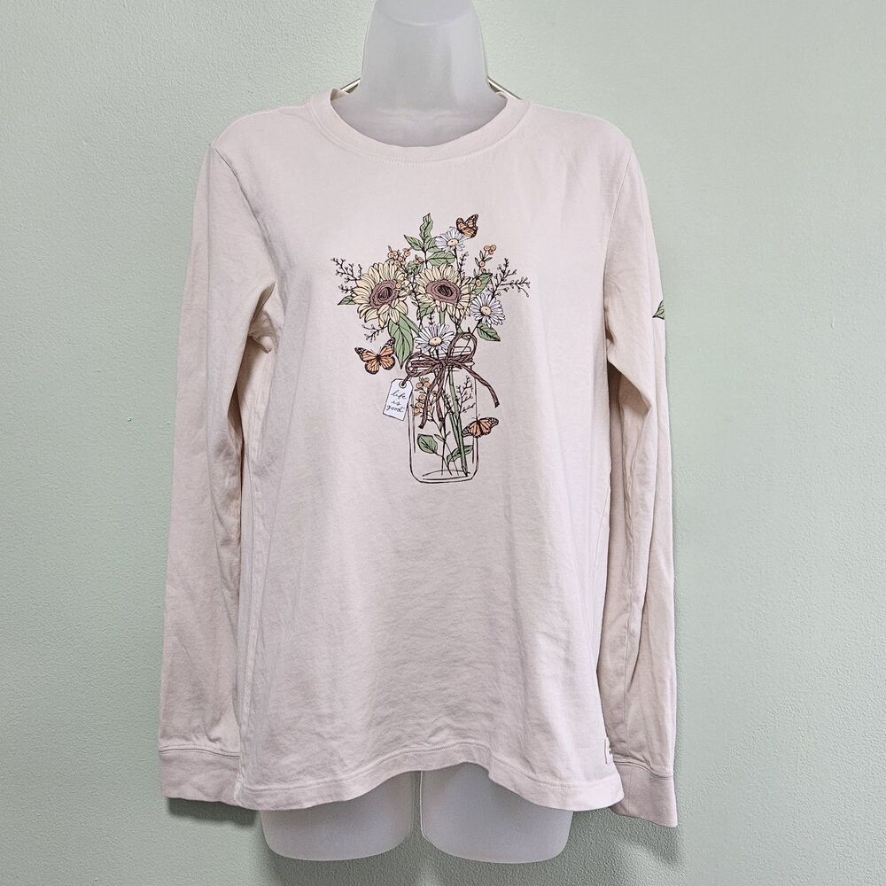Life Is Good Sunflower Monarch Crusher L/S Crusher T-shirt Med Putty White NWT